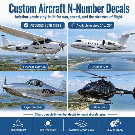 Advertisement for custom aircraft N-number decals with images of various aircraft.