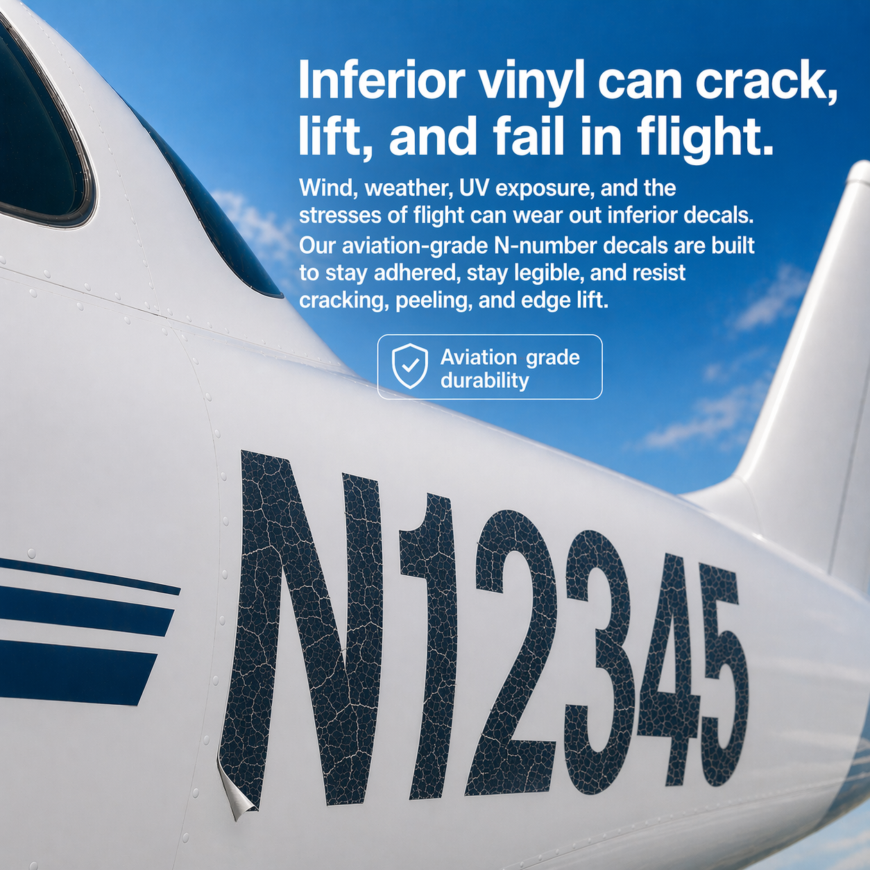 low quality decal on an airplane with text about decal durability.