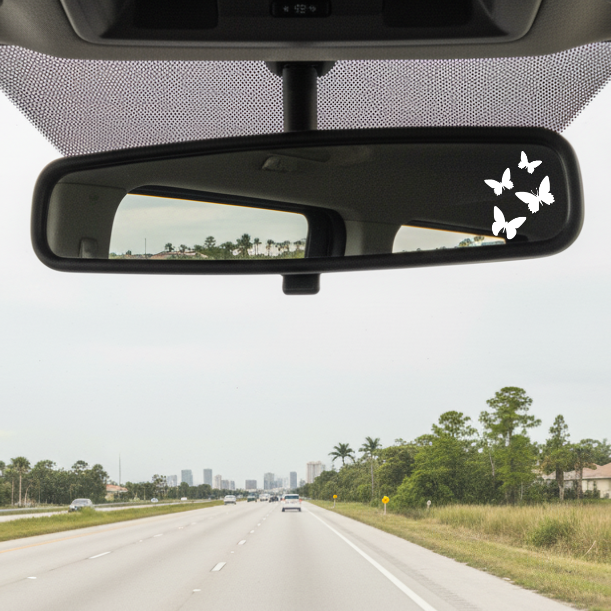 Car interior with a rearview mirror featuring butterfly decals on a road trip.