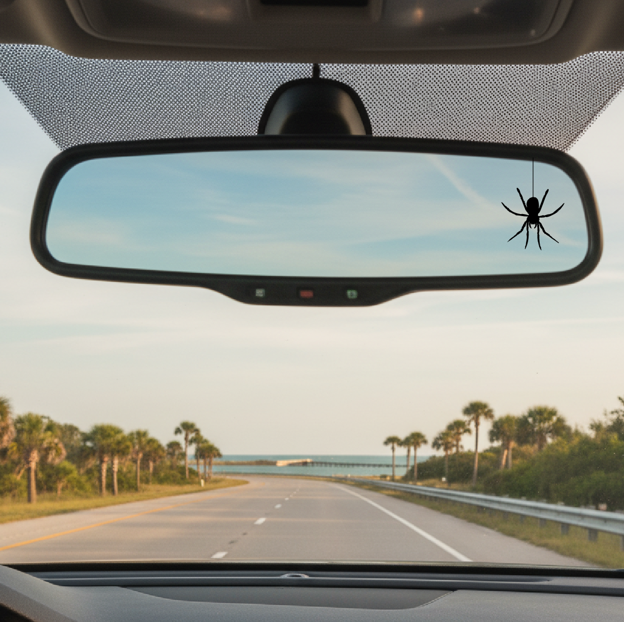 Car interior with a spider on the rearview mirror and a scenic road ahead.