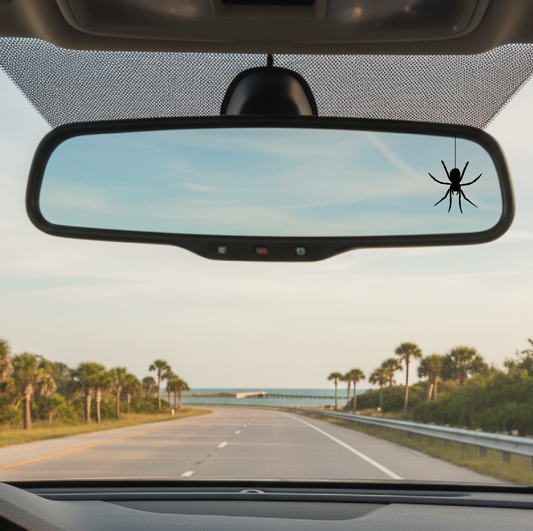 Car interior with a spider on the rearview mirror and a scenic road ahead.