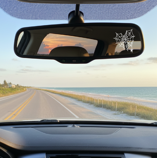 Car interior with a rearview mirror and spider web decal, road and ocean view outside.