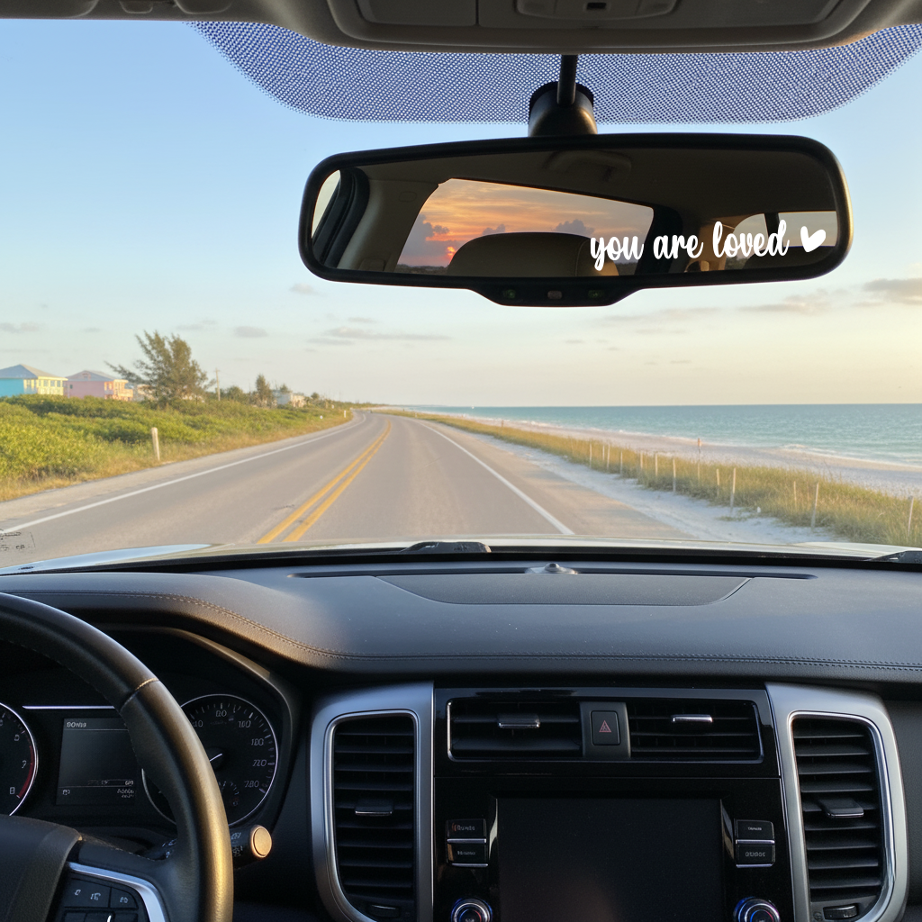 Car interior view with a scenic road ahead and 'you are loved' text on the rearview mirror.