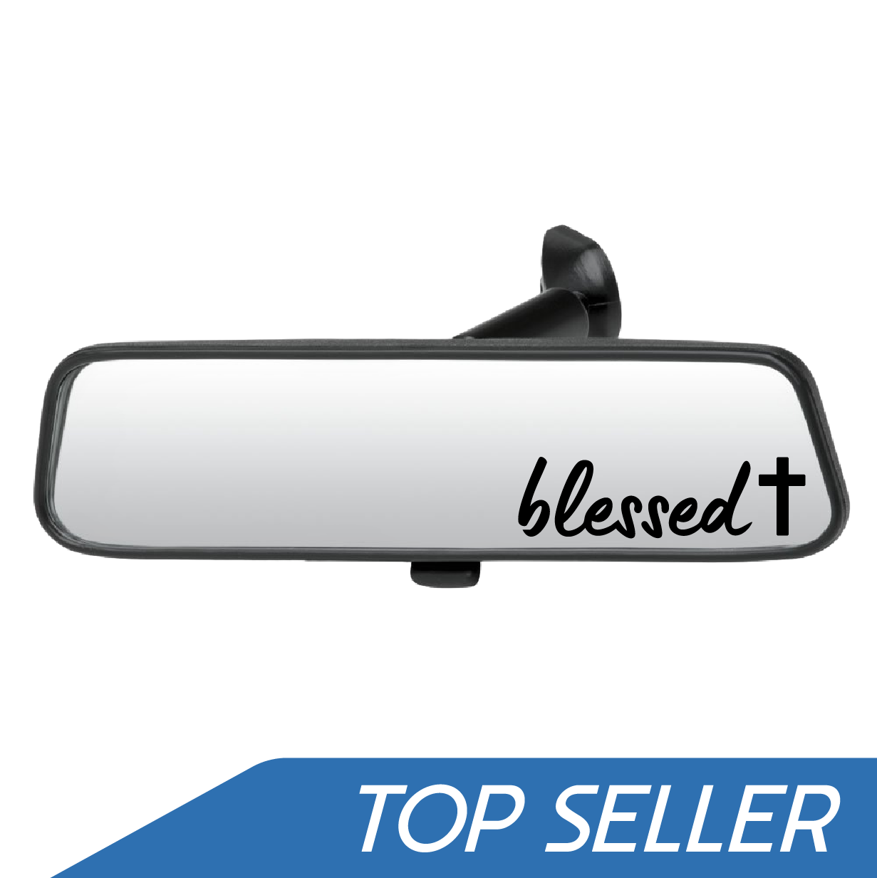 Car interior mirror with 'blessed' text on a white background
