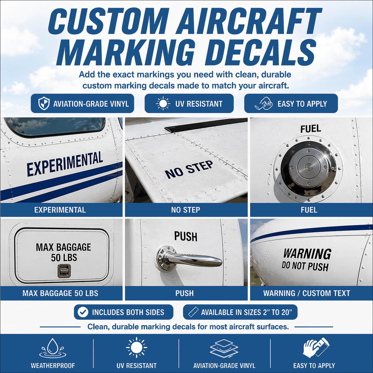 Advertisement for custom aircraft marking decals with examples on an aircraft.