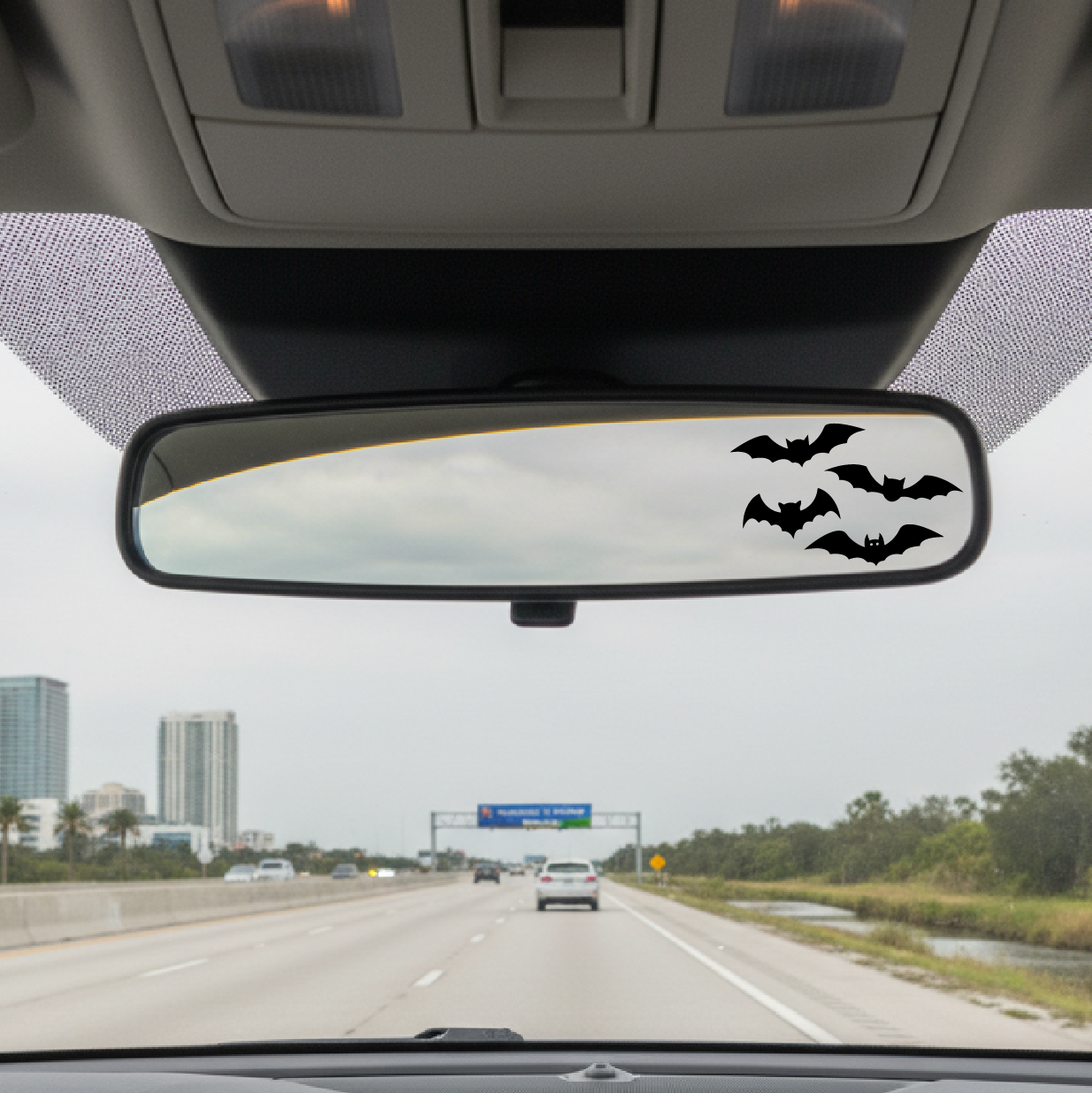 Car interior with a rearview mirror featuring bat decals on a highway.