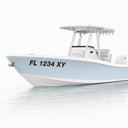 White boat with a blue bottom on a white background showcasing its Boat Registration Numbers