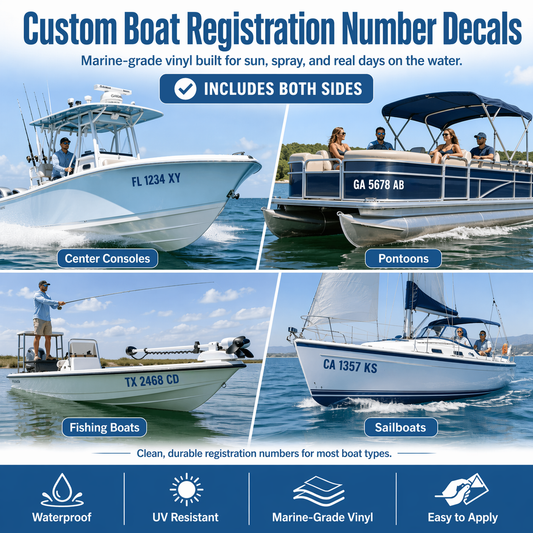 Advertisement for custom boat registration number decals with images of boats on water.