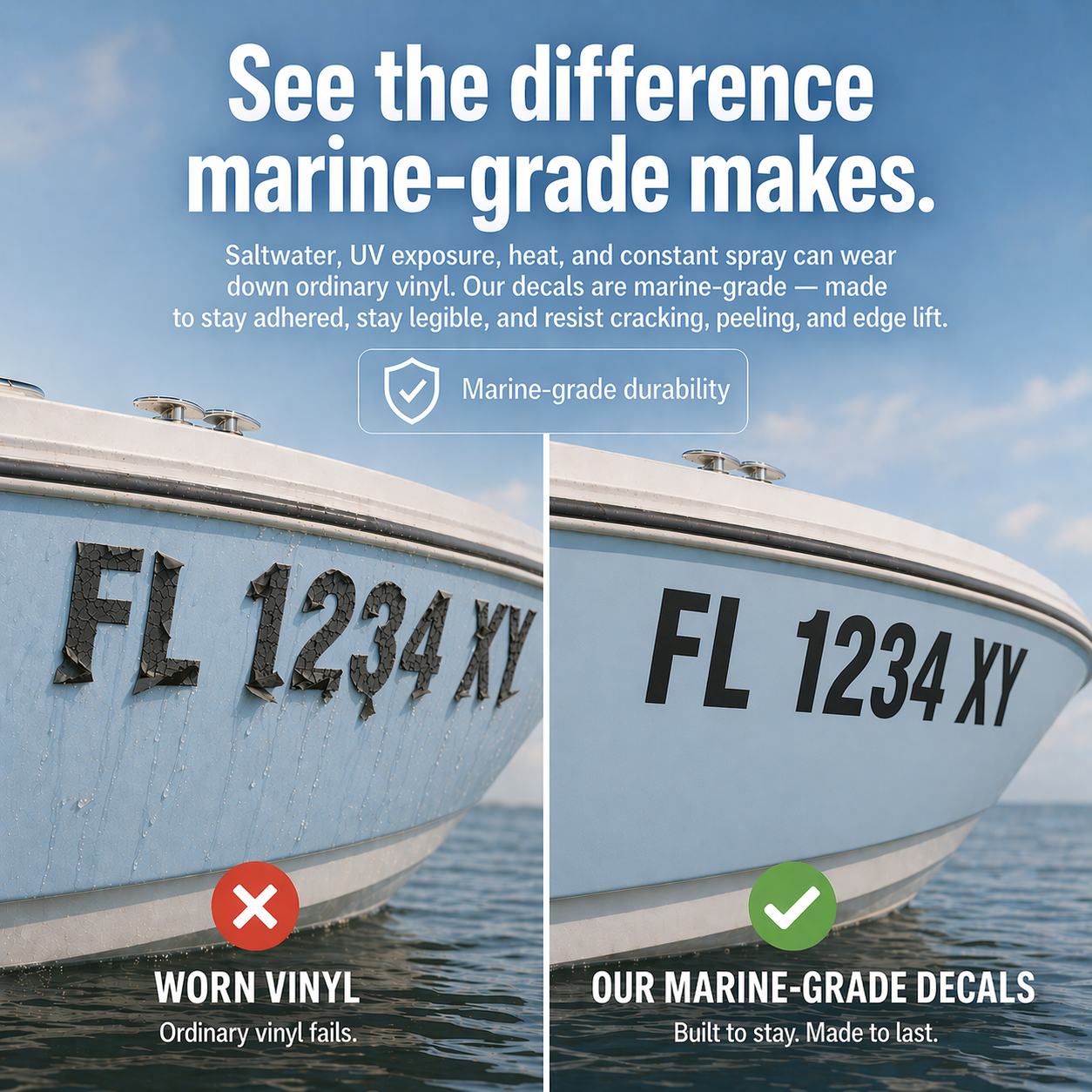 Comparison of worn vinyl and marine-grade decals on a boat with text about durability.