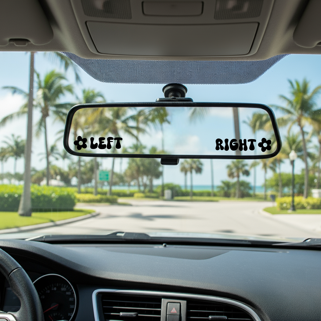 Car interior with a rearview mirror labeled 'LEFT' and 'RIGHT' with palm trees and a clear sky outside.