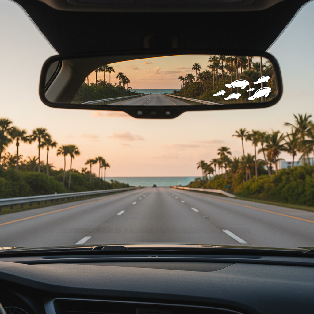 Car interior view with a scenic road and palm trees through the rearview mirror. Manatees decal on the mirror.