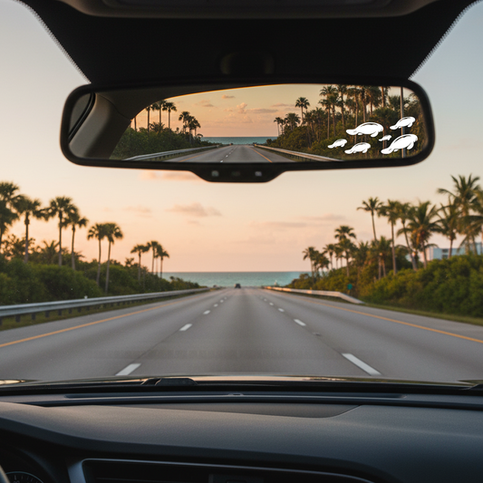 Car interior view with a scenic road and palm trees through the rearview mirror. Manatees decal on the mirror.