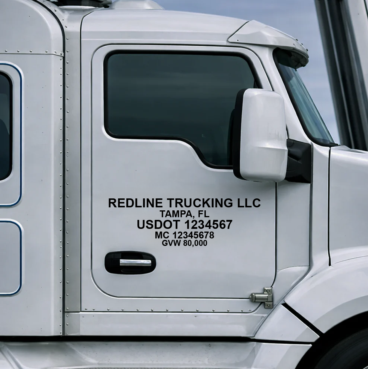 White truck door with 'Redline Trucking LLC' branding and contact information.