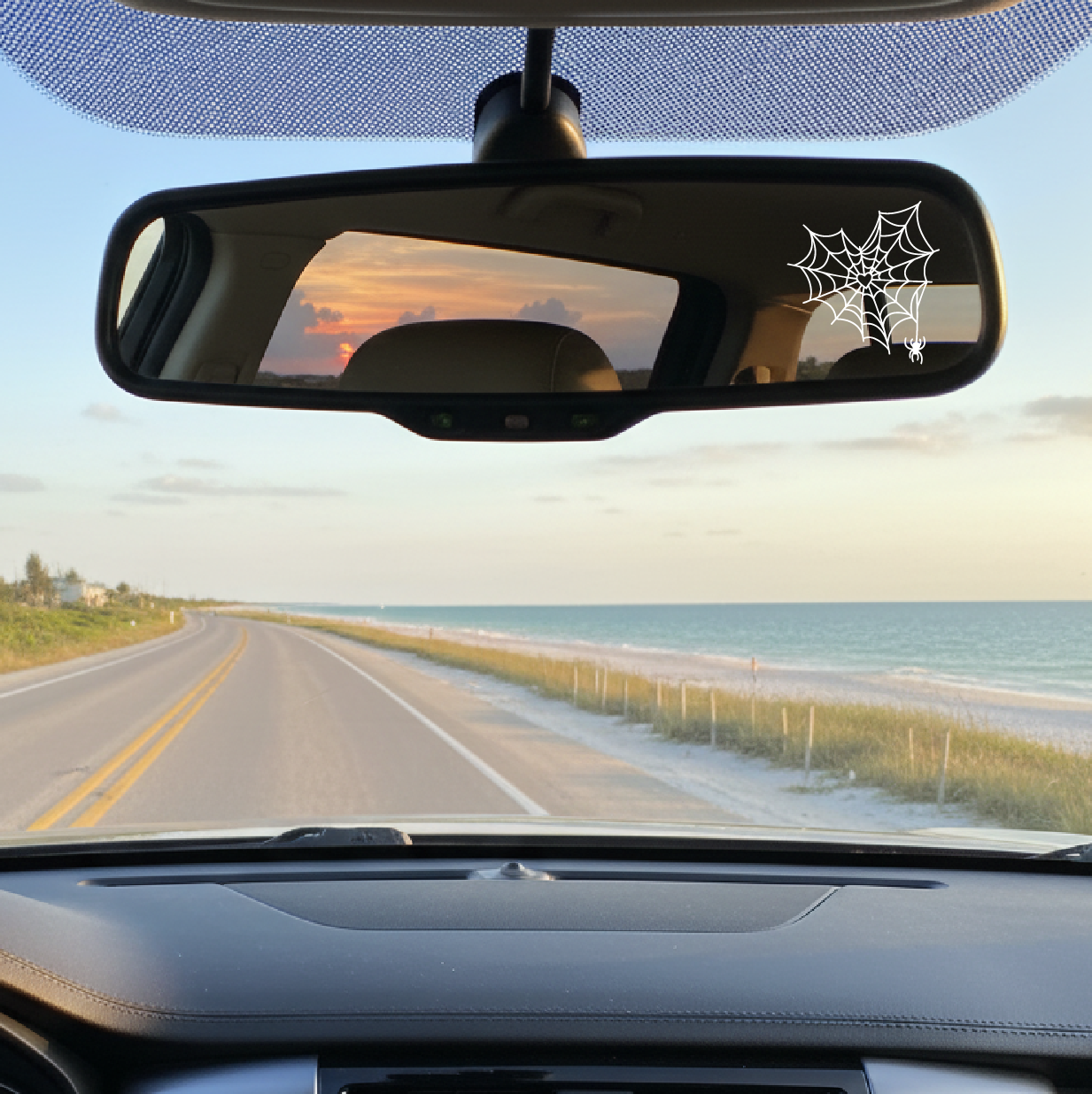 Car interior with a rearview mirror and spider web decal, road and ocean view outside.
