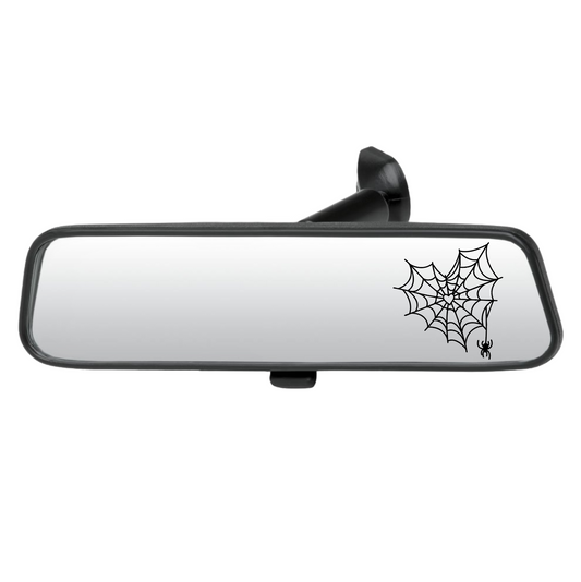 Car rearview mirror with spider web and spider design on a white background