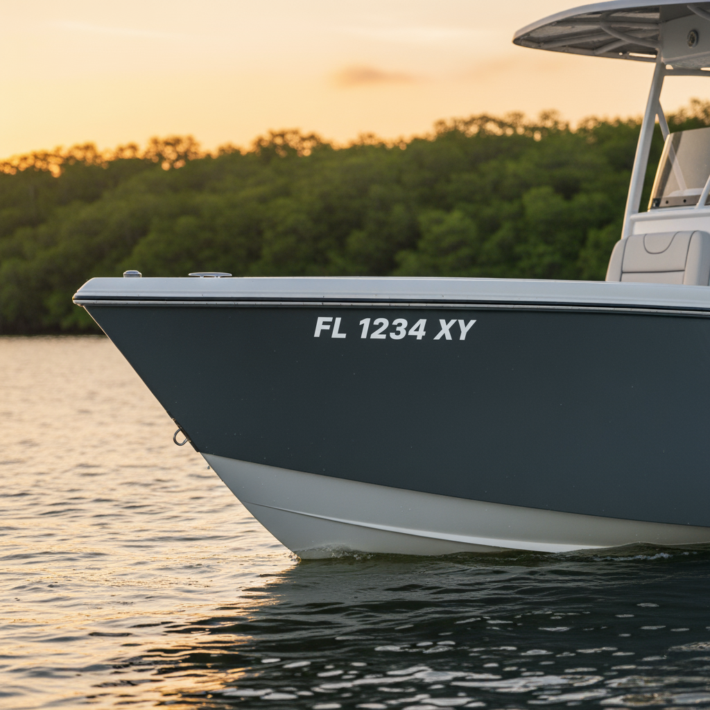 Boat on water with demo registration number at sunset