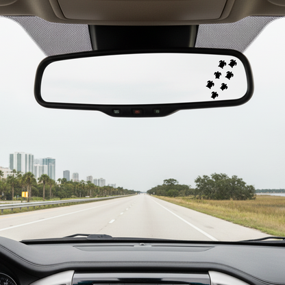 Car interior with a rearview mirror and road ahead view. Turtles sticker on the rear view mirror.